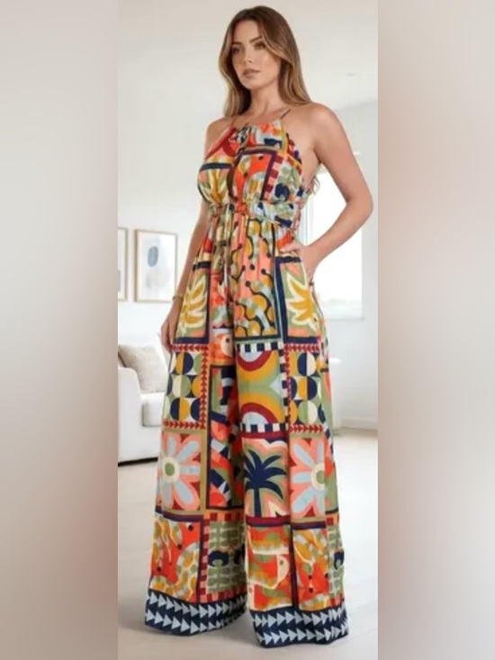 Farm Rio Pants - Farm Rio Halter Cut Out Halter Jumpsuit